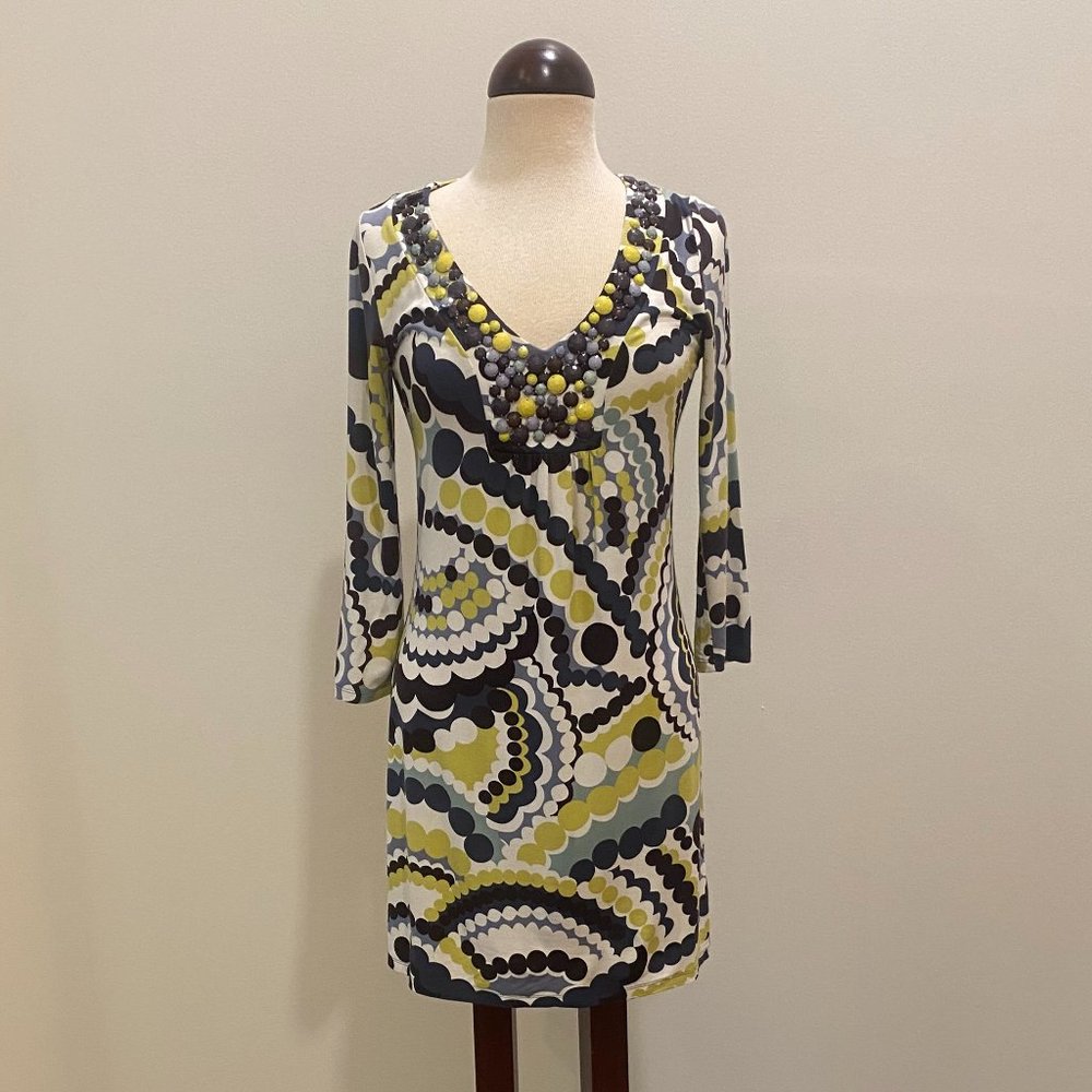 Boden Blue and Green Polka Dot Jersey Dress with Beaded Neckline Women's Size 4